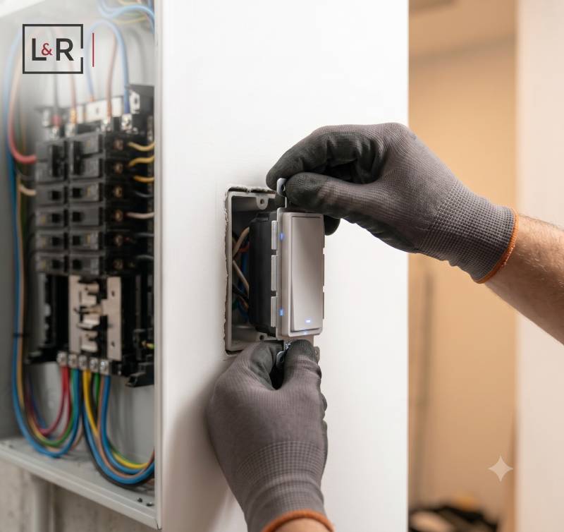 Electricians working on an open-ceiling commercial building installation
